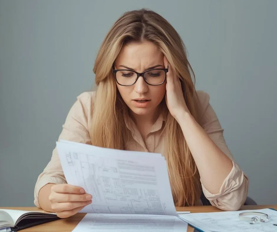 A concerned woman wearing glasses reads a document at a desk, holding her head in frustration while reviewing paperwork.