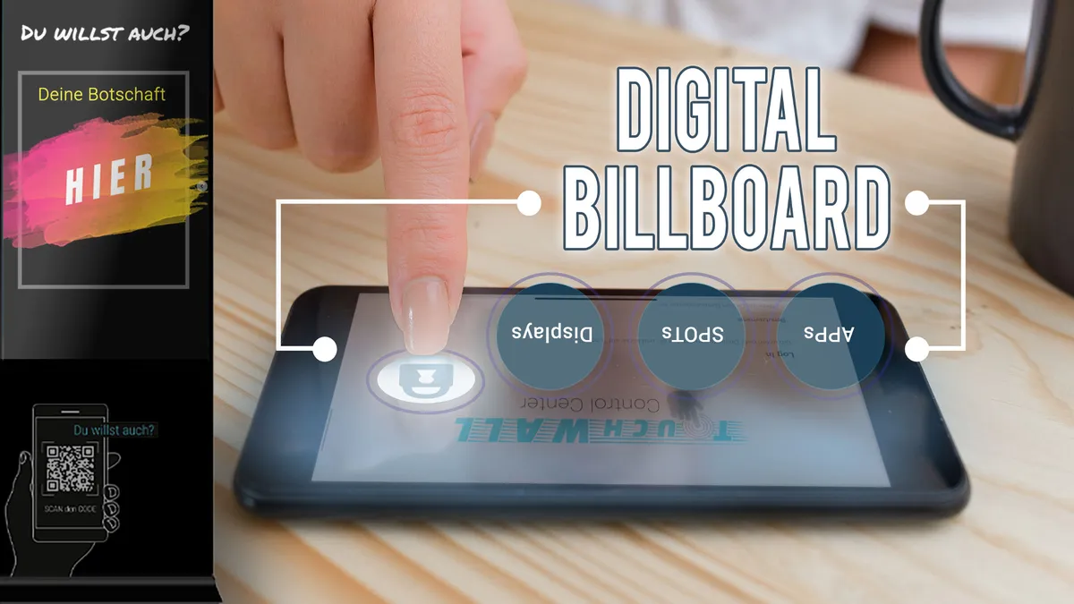 „Digitale Werbestele TOUCHwall mit großem Touchscreen – zeigt interaktive Inhalte wie Werbung, Informationen und Serviceangebote. Ideal für Einzelhandel, Gastronomie und öffentliche Bereiche. Moderne, smarte Lösung für digitale Kundenansprache.“