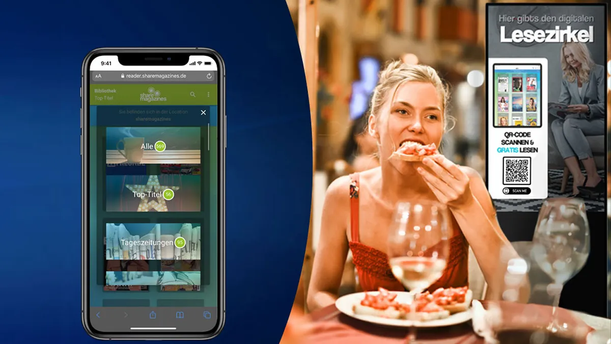 „TOUCHwall mit integriertem digitalen Lesezirkel von sharemagazines – Magazinvielfalt auf dem Display für Wartebereiche, Hotellobbys und Lounges.“