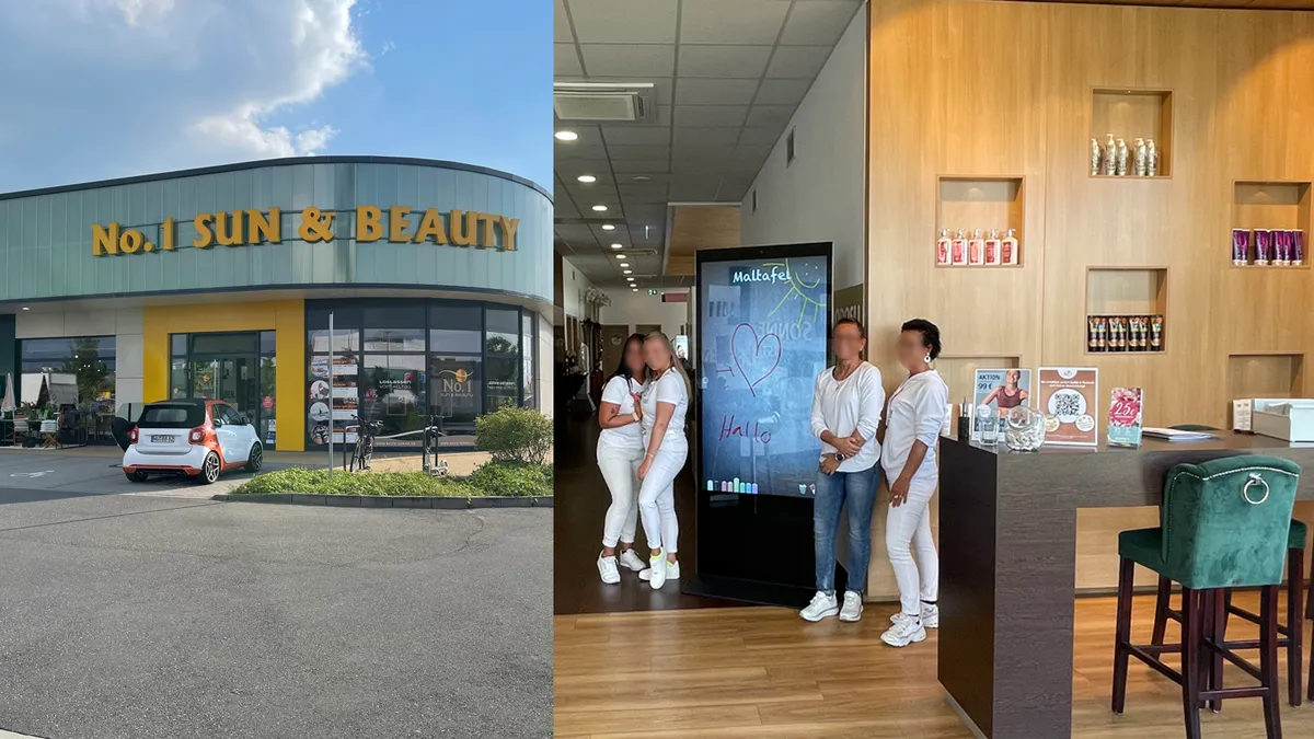 „TOUCHwall im Einsatz bei No.1 Sun & Beauty Studios – digitale Werbedisplays für Angebote, Hautberatung und interaktive Kundenkommunikation im Studio.“