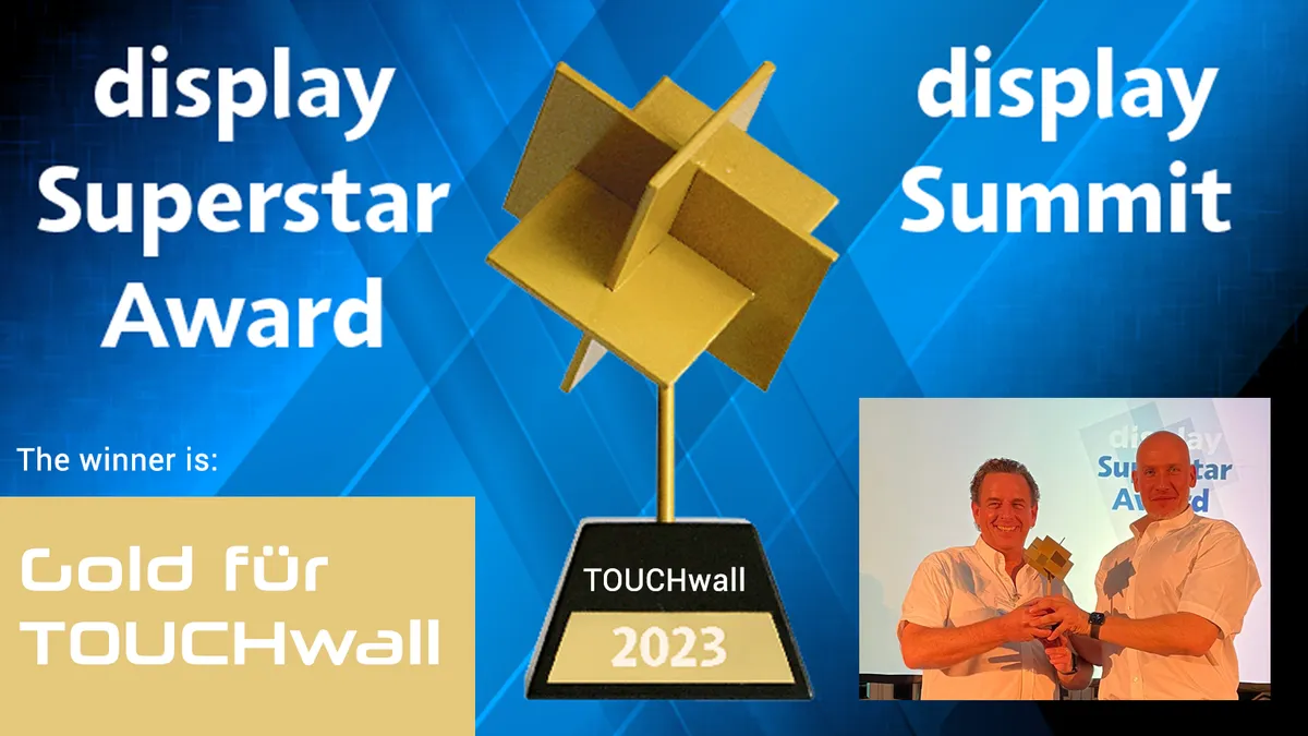 „TOUCHwall gewinnt Gold beim Display Superstar Award 2023 – ausgezeichnetes Digital Signage System für herausragende POS-Präsentation und Innovation.“