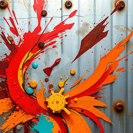 An abstract, dynamic composition illustrating rust prevention on metal surfaces, featuring swirling strokes of deep orange, fiery red, and rusty brown contrasted with cool silvery-gray metallic textures. Jagged, cracked paint-like shapes symbolize corrosion creeping across textured metal, while bold sweeping brushstrokes depict fresh protective coatings acting as barriers. Playful tiny tools—paintbrushes, spray cans, and abstract droplets—float within the scene as whimsical guardians of metal integrity. The background hints at an industrial workshop with faint outlines of gears, pipes, and weathered machinery, emphasizing the environment and ongoing battle against rust. Vibrant contrasting colors such as turquoise, mustard yellow, and slate blue add energy and professionalism, capturing an expressive, textured visual metaphor for rust prevention strategies through intense brushwork and layered textures.