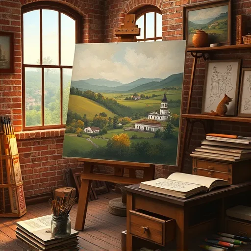 A highly detailed and realistic image of a vintage painting studio in Hanover, Virginia, showcasing traditional craftsmanship. The scene features an ornate wooden easel holding a large canvas partially uncovered, revealing a vibrant landscape of Virginia's rolling hills and historic colonial buildings. Antique paintbrushes, oil tubes, and palette knives are scattered around, suggesting creative inspiration. Soft sunlight filters through large, weathered windows, casting warm golden hues across textured surfaces. In the background, aged brick walls display framed sketches and antique tools, while a vintage wooden worktable holds jars of brushes and open sketchbooks with preliminary drawings. A small, playful squirrel peeks from a corner shelf, eyeing a paintbrush, adding a whimsical touch. The warm earthy color palette of browns, greens, and yellows evokes nostalgia and artistic spirit. The intimate environment emphasizes texture, light play, and the tactile richness of traditional art materials, capturing a timeless workshop dedicated to regional artistic heritage and craftsmanship.