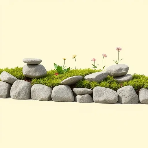 A minimalist scene showcasing a serene stone garden edging made of irregular, smooth, rounded stones that form a natural border around a lush garden bed. The stones vary slightly in size and shape, some stacked or leaning, adding a playful yet balanced character. The background features a soft gradient of pastel green and cream, emphasizing the natural textures of the stones. Tiny moss patches and abstract flower shapes introduce whimsical touches, while earthy tones like warm grays, subtle browns, and muted teal create a calm, grounded atmosphere. The scene hints at a well-maintained garden with delicate foliage and soft sunlight casting gentle shadows, highlighting the artisanal craftsmanship of the stone border amid vibrant garden life.