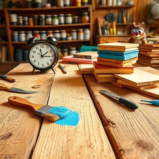 Close-up of a rustic woodworking workspace bathed in warm natural light, featuring a textured wooden surface with freshly stripped, partially sanded planks revealing smooth, clean wood underneath. Scattered tools include a paintbrush dipped in vibrant blue paint, a small putty knife, and a worn scraper, highlighting the meticulous preparation process for repainting wood. A vintage-style clock with playful, exaggerated hands sits on a cluttered workbench, symbolizing the importance of timing in woodworking. A cheerful cartoon squirrel wearing tiny safety goggles peeks from behind painted wood samples, adding a whimsical and engaging touch. In the background, shelves hold jars of wood stain, brushes, and paint cans arranged in an organized yet lively manner, emphasizing craftsmanship. The scene's warm earthy tones, complemented by splashes of blue and green, evoke freshness and renewal. Soft shadows and detailed textures—from wood grain to paint containers—create a realistic, inviting atmosphere, illustrating the concept of whether stripping wood is necessary before repainting with a fun, quirky vibe that inspires DIY woodworking confidence.