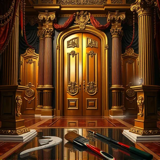 A luxurious Baroque-inspired workshop scene showcasing an elaborate door finishing process. In the foreground, glossy, smooth doors feature intricate carvings and ornate details, highlighted by dramatic chiaroscuro lighting that emphasizes their lustrous, flawless surfaces. Ethereal ribbons of shimmering varnish and delicate brushstrokes float through the air, illustrating the meticulous craftsmanship involved. Vintage tools with gilded handles, including brushes, buffing wheels, and polishing compounds, are arranged on richly decorated tables adorned with acanthus leaves and arabesque motifs. The grand atelier backdrop includes towering columns, richly patterned draperies, and reflective marble floors that mirror the scene's ornate details, adding depth and grandeur. Playful elements such as a tiny gilded statue of a paintbrush with miniature facial features and a delicate feather quill hovering over an unfinished door evoke creativity and precision. The environment exudes a serene, regal atmosphere combining professionalism with whimsical elegance. The color palette features deep golds, rich browns, muted creams, accented by emerald green and crimson, conveying warmth, luxury, and timeless craftsmanship. This composition captures mastery and attention to detail, blending Baroque opulence with high-quality door finishing artistry.