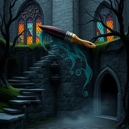 A Gothic-inspired scene of painting a moss-covered stone retaining wall in an ancient courtyard. The weathered, cracked wall is adorned with creeping ivy, curling vines, tiny carved gargoyles with sly expressions, and glowing crystalline formations in cracks. An ornate vintage paintbrush hovers mid-air, swirling subdued hues of deep burgundy, midnight blue, and charcoal gray into intricate, abstract Gothic patterns resembling arcane symbols. In the background, stained glass windows with dim, colorful light cast moody glows, while twisted leafless trees with gnarled branches frame the scene. Subtle fog rolls through the courtyard, enhancing the mystical atmosphere. The art emphasizes detailed linework, textures, and gothic ornamentation with a monochromatic palette accented by deep reds, muted blues, and ghostly grays, evoking dark elegance and enchanting craftsmanship in a mysterious, atmospheric setting.