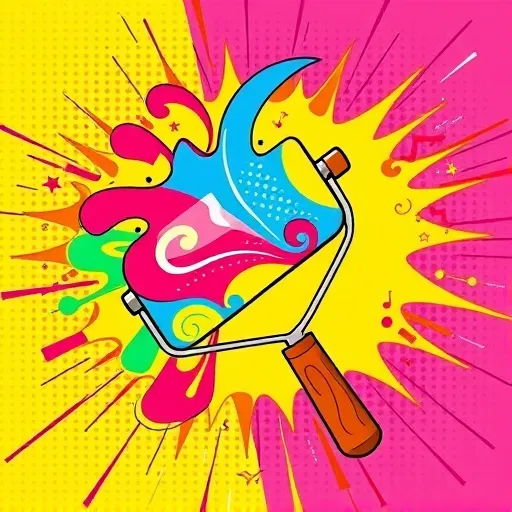 A colorful Pop Art-inspired illustration featuring a bold, cartoon-style paint roller with exaggerated thick outlines and swirling patterns of bright primary colors—red, blue, yellow, and green—creating a sense of vibrant motion. The roller appears to be in the act of painting, with paint sprays and splatters bursting outward, accented by whimsical details such as tiny stars, hearts, and zigzag lines. The oversized handle is decorated with playful, cartoonish embellishments like smiley faces and abstract shapes, adding humor and charm. Behind the roller, an explosion-like background of contrasting bold colors—including electric orange, shocking pink, and vivid purple—evokes energetic chaos and artistic inspiration, enhanced by subtle patterns and halftone textures typical of comic book art. The overall lively, dynamic scene exudes creativity, mischief, and modern artistic flair, making it ideal for artworks, art blogs, or creative project visuals.