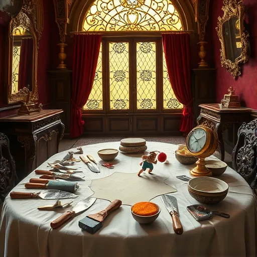 A luxurious Baroque-style interior scene illustrating drywall patching before painting, set in an ornate workshop or atelier. The scene features a carved wooden table draped with silk, holding vintage tools such as plaster knives, sanding sponges, and bowls of joint compound, all rendered with intricate ornamentation and shadows. Background elements include gold-framed mirrors, velvet curtains, and antique stained-glass windows that cast textured light, highlighting detailed surfaces. Playfully, tiny mythic cherubs or whimsical craftsmen are depicted smoothing a drywall patch, adding a charming, theatrical touch. Rich colors of deep reds, golds, and creamy whites evoke craftsmanship and patience, while subtle quirks like ornate clocks and decorated paintbrushes enhance the scene's personality. Overall, the image combines elegance and professionalism, transforming drywall repair into an artistic, grand, and whimsical celebration of craftsmanship in a lush Baroque artistic style.