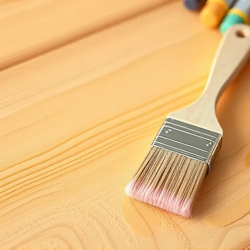 A close-up of a wooden furniture surface, such as a chair or table, being carefully painted in a vibrant ColorFieldPainting style. The image features soft, broad color fields of warm honey, creamy beige, and subtle taupe, creating a calming and inviting atmosphere. Accentuating the scene are playful splashes of contrasting shades like turquoise and pastel pink embedded within the color layers, adding a lively touch. Oversized abstract brushstrokes and color blocks radiate outward, emphasizing a smooth, streak-free finish. A stylized, minimal paintbrush with an oversized handle rests beside the surface, its bristles aligned to showcase precision and finesse. The background hints at a cozy workshop setting with faint silhouettes of painting supplies, inspiring confidence in DIY furniture painting. Overall, the image exudes calmness and creativity, encouraging artistic expression in furniture refinishing through bold colors, harmonious overlaps, and textured surfaces.