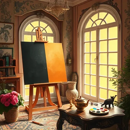 A vintage artist's studio bathed in warm sunlight, featuring an easel with a partially finished painting transitioning from deep shadowy hues to bright, luminous tones, symbolizing wall color transformation. Surrounding elements include an ornate wooden palette with blending blacks, blues, golds, and pastels, and a whimsical teapot brush holder. A playful cat pawing at scattered paintbrushes adds charm. The scene is styled with delicate, flowing lines and intricate floral motifs reminiscent of the Pre-Raphaelite Brotherhood, framing large stained glass-like windows and lush tapestries. Wall swatches display a gradient from dark charcoal to radiant cream, emphasizing overpainting. Rich jewel tones—emerald green, ruby red, sapphire blue—paired with soft gold accents create an inviting, timeless atmosphere celebrating artistic transformation and creativity.