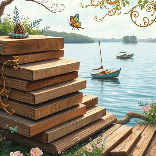 A whimsical Rococo-style illustration depicting pressure-treated wood planks stacked along a serene lakeside in Lakeside, Virginia. The wooden planks are intricately detailed with swirling patterns, delicate golden accents, and baroque embellishments, giving them a regal yet quirky appearance. The background features a calm lake with shimmering reflections and elegantly curved boats adorned with gilded details drifting nearby. Surrounding foliage includes frilly bushes and curved trees inspired by Rococo motifs, blending seamlessly into the ornate setting. Playful, oversized insects, such as iridescent butterflies and tiny dragonflies, hover around the wood, adding lively character. The color palette comprises soft pastel pinks, minty greens, creamy whites, and shimmering golds, creating a charming atmosphere that combines sophistication with whimsicality. Overall, this scene blends natural beauty and ornate artistry to showcase the everyday material of pressure-treated wood in an imaginative, baroque-inspired lakeside tableau.
