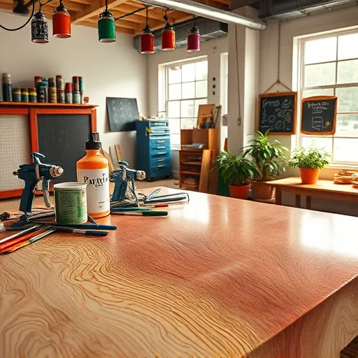 A hyperrealistic scene of a professional laminate furniture painting workshop in Mechanicsville, VA. The foreground features a detailed wooden workbench cluttered with spray guns, paint brushes, and laminated samples at various stages of finishing. A textured laminate surface displays a vibrant painted pattern, such as geometric or marbled designs. The spacious, well-lit workshop has large windows filling the space with warm natural light, creating soft reflections on glossy surfaces. Overhead rails hold colorful paint cans, sprayers, and safety gear, adding playful touches to the environment. A chalkboard with doodles of brushes and paint splashes enhances the creative atmosphere. Potted plants near the windows evoke freshness and renewal, while the warm earth tone color palette, accented by bright hues like orange, teal, and coral, creates an inviting, lively mood. The hyperdetailed textures capture wet paint glints, wood grain, and surface finishes, conveying a meticulously maintained workspace dedicated to craftsmanship, innovation, and furniture transformation.