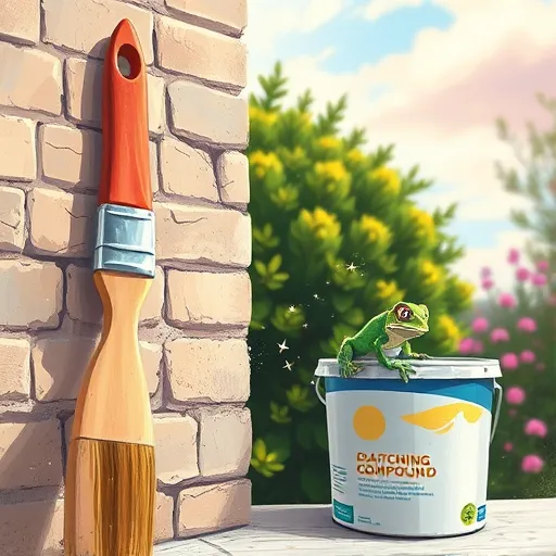 An impressionist scene showing the process of repairing exterior wall cracks on a weathered brick or stucco house. Visible jagged cracks highlight the need for repair. In the foreground, a whimsical oversized paintbrush with lively bristles mixes warm, muted colors—creamy beige, soft ochre, gentle brown, and hints of mossy green—evoking a calm, hopeful mood. Playful sparks and swirling abstract waves of color surround the cracks, illustrating the repair process coming to life. A small, animated-looking chameleon with a large eye perches on a bucket of patching compound, inspecting the cracks with curiosity and adding charm to the scene. Behind the wall, lush green shrubs and flowering plants in impressionistic strokes frame the scene, suggesting a sunny day ideal for exterior maintenance. The background features a soft pastel sky with blues and pinks, creating a tranquil, optimistic atmosphere. Loose, textured brushstrokes convey movement and energy, emphasizing the proactive effort to prepare the wall for painting with a lively and whimsical touch.