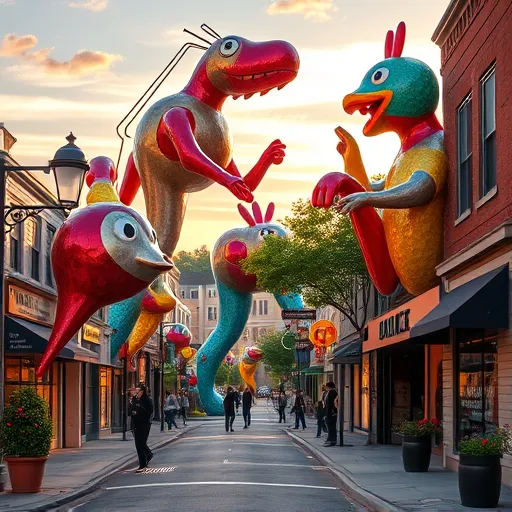 A highly detailed, realistic scene of a vibrant plastic sculpture district in Short Pump, VA, featuring an eclectic array of oversized, whimsical plastic sculptures integrated into a lively urban setting. The sculptures include towering abstract forms, playful creature figures, and exaggerated everyday objects crafted from shiny, colorful plastics with textured surfaces that reflect sunlight and cast intricate shadows. The bustling streets are lined with modern storefronts and cafes, complemented by lush greenery, quaint lamp posts, and small street art elements, creating a charming atmosphere. The background showcases a warm sunset sky, with soft golden light highlighting the glossy surfaces and playful details of the sculptures. Potted plants and scattered plastic debris add personality, emphasizing themes of creativity and sustainability. The scene conveys a cheerful, inspiring mood, celebrating artistic innovation and the transformative power of plastic art in a cozy suburban environment.