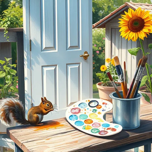 An impressionistic outdoor workshop scene showing the process of painting a shiny aluminum door. The sleek metallic door reflects its colorful surroundings with loose, expressive brushstrokes that highlight shine and texture. A rustic wooden table holds an artist's palette filled with vibrant blues, oranges, and silvers, alongside brushes with dripping paint, suggesting active creativity. A playful squirrel with a tiny paintbrush peeks curiously at the scene, while a sunflower with a paint-smeared petal stands proudly in a corner, symbolizing growth. In the background, a cozy garden shed is surrounded by lush greenery and blooming flowers painted with soft, impressionistic strokes. The scene uses pastel blues, warm yellows, and gentle greens to create a calm yet optimistic atmosphere, celebrating the artistic process of transforming and painting an aluminum door with a lively, whimsical touch.