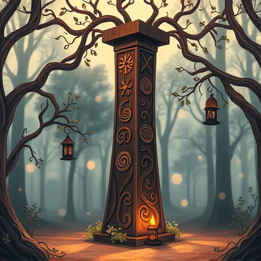 A tall, intricately carved wooden post standing upright in a surreal forest clearing. The 6x6 post features swirling patterns, mysterious glyphs, and hidden symbols etched into its surface, suggestive of stories and memories. Surrounding the post are whimsical elements such as floating lanterns with flickering flames, delicate vines at its base, and tiny watchful eyes peering from behind leaves. The background depicts a dreamy, ethereal scene with softly blurred distant trees, floating orbs of gentle light, and twisting branches forming an abstract canopy that casts a warm, introspective glow. The color palette includes deep browns, rich ambers, subtle cobalt blue, and muted gold accents, creating a mystical and symbolic atmosphere. Inspired by Symbolism, the image is layered with metaphors, evoking themes of memory, storytelling, secrets, and the subconscious, blending quiet profundity with whimsical charm for a captivating blog cover visual.