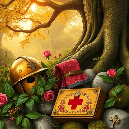 A lush, intricate landscape inspired by the Pre-Raphaelite Brotherhood showcasing safety gear integrated into a vibrant, natural setting. Elegant brass helmets with ornate engravings rest atop lush green leaves, their reflective surfaces catching soft dappled sunlight. Sturdy gloves drape gracefully over entwined branches adorned with delicate roses and ivy. Jewel-like eye protection sets in rich reds and deep blues shimmer among clusters of wildflowers and berries. A vintage-style first aid kit with detailed embroidery is nestled among moss-covered stones, adding whimsical charm. Playful details include safety pins shaped like tiny animals, safety vests with lace-inspired patterns, and miniature hammer-shaped pendants. The background features a mystical forest clearing with towering, twisted-root trees and lush foliage, bathed in warm golden light, creating a calm, enchanted atmosphere. The scene’s warm earth tones—burnt siennas, soft ochres, moss greens, and deep yellows—highlight the romantic, timeless quality of Pre-Raphaelite art, blending themes of safety, nature, and wonder in a richly symbolic, poetic composition.