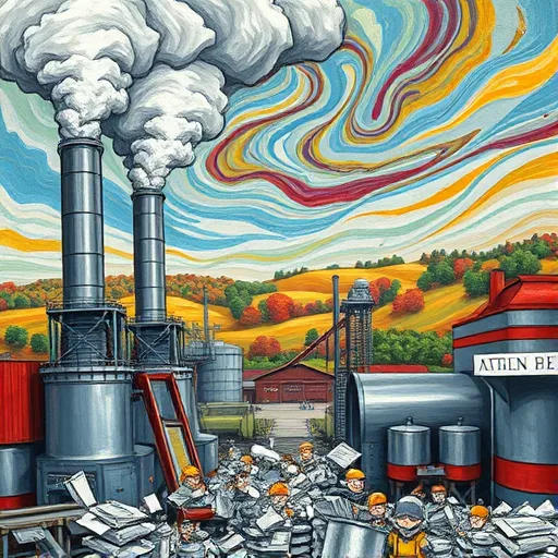 A colorful ArtBrut-style depiction of an aluminum factory in Atlee, Virginia, featuring exaggerated industrial structures with tall stacks emitting shimmering metallic smoke. Dynamic aluminum scraps scatter across the foreground, contrasted by orderly conveyor belts and assembly lines. The sky is a swirling mix of silvery, gray, and rusty red hues, with thick, expressive brushstrokes adding texture. Playful, cartoonish workers with exaggerated features peek from machinery, while aluminum sheets appear to dance in the air. Stylized trees and rolling hills in bold greens and browns frame the background, adding local charm. The composition reflects gritty industrial pride combined with lively chaos, highlighting the raw beauty of aluminum manufacturing in a small Virginia town in a vibrant, textured ArtBrut style.