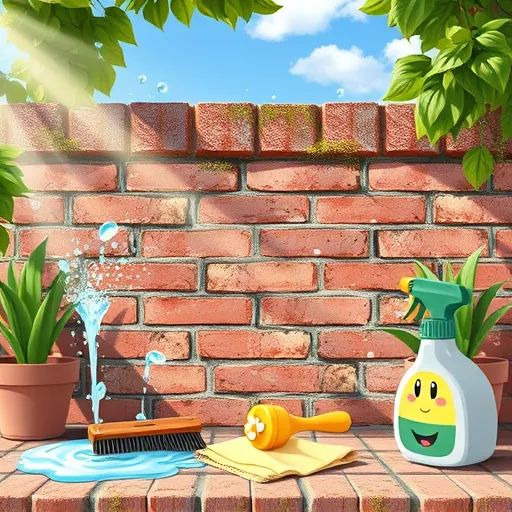 A detailed digital illustration showing the cleaning of a weathered brick wall before painting. The scene features an aged brick surface with moss and dirt, contrasted by a cheerful water splash from a vintage-style sprinkler, with droplets bouncing and shimmering. Nearby, playful cleaning tools include an oversized brush, a smiley-faced rag, and a cartoonish spray bottle, adding charm. The background depicts a lush garden with green foliage, potted plants, and a sunny blue sky, evoking warmth and freshness. Light rays highlight the activity, creating a lively yet calming atmosphere. The color palette includes sunny yellows, fresh greens, warm earth tones, and cool blues and whites to suggest cleanliness and renewal. The semi-realistic digital art style uses smooth shading and soft highlights for depth, with whimsical details like tiny water splashes wearing hats and flower-shaped bubbles that add a playful touch. Overall, the scene captures the satisfying process of preparing a rustic brick wall for painting, inspiring DIY enthusiasm and renewal.