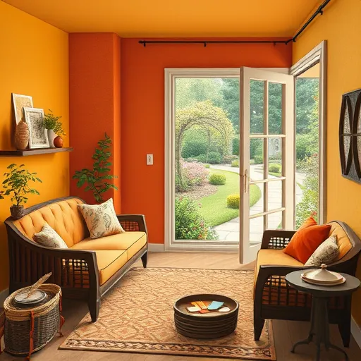 A handcrafted-style illustration of a cozy interior showcasing a Varina, VA home’s accent wall color selection. The scene features an inviting living room with a prominent wall painted in a vibrant, harmonious hue inspired by the Arts and Crafts Movement, such as terracotta, forest green, or mustard, accented with subtle textured patterns reminiscent of handcrafted textiles. Elegant vintage furniture with detailed woodwork, a patterned area rug, and decorative ceramics on a rustic wooden shelf are depicted in warm earthy tones, creating a sense of comfort and sophistication. In the background, an open window reveals a lush garden with blooming flowers, ivy-covered trellises, and curved pathways, adding a natural touch. Quirky details include a sewing basket filled with paint swatches, a quill pen, and a small potted bonsai on a side table, emphasizing a handcrafted aesthetic. The color palette features warm ochres, muted olives, and soft creams, producing a calm yet lively atmosphere that inspires interior design decisions. The overall arts and crafts style is characterized by clean lines, geometric patterns, and a tactile craftsmanship feel, blending timeless elegance with approachability.
