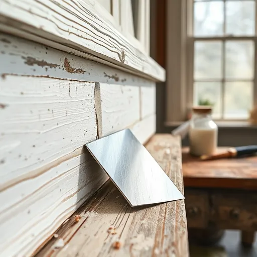 Close-up of a rustic wooden trim with peeling, weathered paint in faded white, pastel blue, and chipped beige layers, highlighting textured, aged wood. A detailed paint scraper with a polished metal blade glides along the surface, catching light reflections, suggesting careful restoration. Small paint splatters and flakes scatter across the wood, adding a dynamic, playful touch. In the background, a cozy workshop with soft natural light filtering through a window illuminates the scene, casting gentle shadows that emphasize the wood grain and paint layers. A small jar of solvent and a brush rest on a rustic wooden workbench, hinting at the renovation process. The scene evokes a calm, nostalgic mood of DIY home improvement, showcasing intricate textures of the rough wood, flaking paint, metallic scraper, and subtle reflections. Warm earthy tones, muted blues, creamy whites, and soft shadows create an inviting atmosphere, with a whimsical detail of a tiny cartoon-style bird observing the scene, adding personality and charm.
