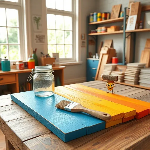 A vibrant, detailed scene of sealing painted wood in a well-lit workshop. Several brightly painted wooden planks in cheerful blues, yellows, and reds sit on a rustic wooden table, glossy from fresh sealant. Nearby, sealing supplies are arranged, including a large jar of clear sealant with a brush inside, a sprayer, and a well-used roller, all depicted with textured realism. Cute, animated paintbrush characters with googly eyes and smiling faces interact with the supplies, adding a whimsical touch. In the background, shelves hold colorful cans, vintage spray bottles, and neatly stacked wooden samples, creating a creative, DIY atmosphere. Artistic elements such as wood grain sketches and color palettes are pinned on the wall, emphasizing craftsmanship. The scene, rendered in SocialRealism style with earthy tones and vibrant accents, highlights the careful process of protecting painted wood with warmth and humor.