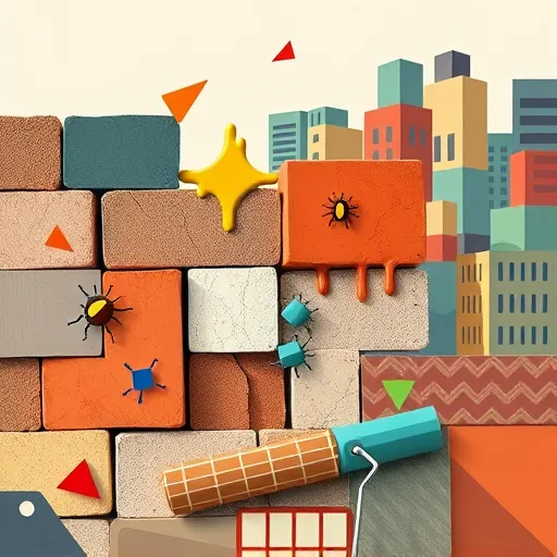 A vibrant abstract Cubism-style illustration showcasing elastomeric paint for masonry. The scene depicts textured brick and stone masonry blocks fractured into geometric facets with bold, angular shapes that highlight durability and flexibility. Overlaid are whimsical splashes and elongated drips of elastomeric paint stretching across fractured surfaces, emphasizing its elastic properties. In the foreground, an oversized paint roller with a grid-pattern handle suggests application versatility, while playful geometric insects made of triangles and squares crawl across the scene, adding a quirky touch. The background features a layered cityscape of cube-like buildings with visible cracks and repairs, symbolizing masonry treated with elastomeric coating. The color palette includes earthy terracotta, cool blues, and soft greens, conveying trust and calmness. The composition uses contrasting shapes, sharp angles, and subtle patterns like zigzags and herringbone, reflecting both technical craftsmanship and artistic creativity. Overall, the image conveys innovation, reliability, and a playful approach to building maintenance and protective masonry coatings.