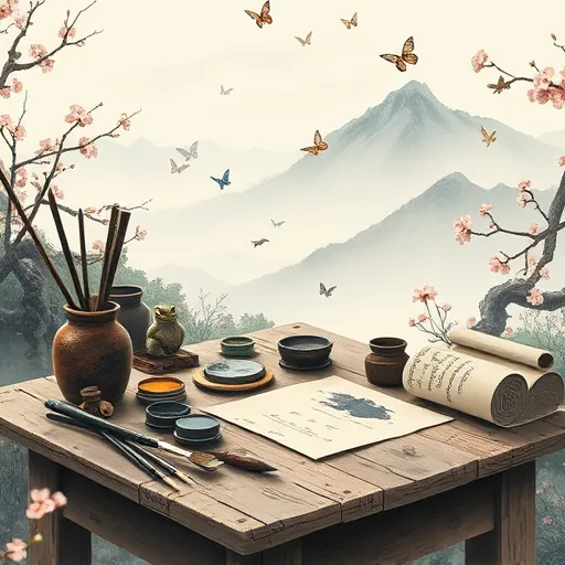 A tranquil Chinese brush painting-inspired scene featuring an ancient weathered wooden worktable outdoors in a peaceful garden with delicate cherry blossoms and fluttering butterflies. The canvas displays traditional art tools such as long-handled brushes, small inkstones, and a water bowl, arranged alongside rusty, chipped paint containers suggesting age. Various textured paint samples are spread on rice paper, some smoothly blended and others with streaks and uneven patches, illustrating testing of old paint. In the background, a mist-shrouded mountain range rendered with soft ink wash adds depth, while wispy clouds drift overhead, conveying calm and contemplative mood. Tiny details include a curious ink frog on a paint jar edge and a miniature scroll with subtle brushstroke notes, blending traditional artistry with playful investigation. The muted ink palette features blues, greys, and greens with accents of warm ochre and crimson, emphasizing flowing brushwork, delicate shading, and organic elegance characteristic of Chinese brush painting.