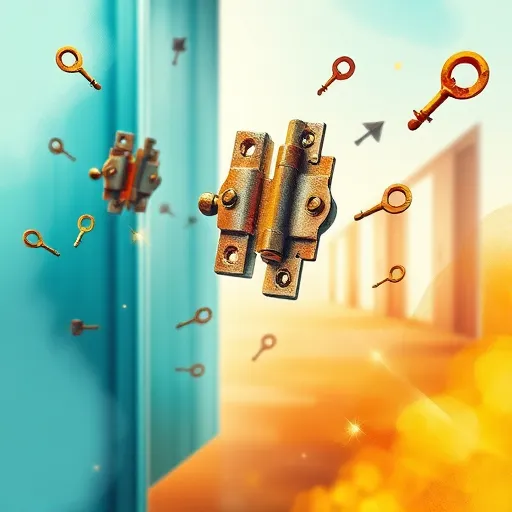An abstract, colorful depiction of a doorway with intricately detailed hinges floating in a surreal environment. The scene features close-up, translucent door hinges with complex textures and subtle metallic reflections, set against a background of soothing blue and gold gradient. whimsical motifs such as oversized keys, tiny floating brush strokes, and playful gear shapes surround the hinges, creating a charming, creative atmosphere. Soft blurred outlines of doorframes and hinges recede into the background, adding depth to the scene. The environment resembles an imaginative workshop with tools and hinges blending into the painter’s palette of calming aquas, warm golds, and rust tones. The composition, inspired by ColorFieldPainting style, emphasizes bold color blocks and expressive brushwork, evoking professionalism, creativity, and curiosity. Overall, this vibrant, surreal image transforms mundane hinges and doorways into a captivating dance of color and form, ideal for a blog cover celebrating clever, artistic home repairs.