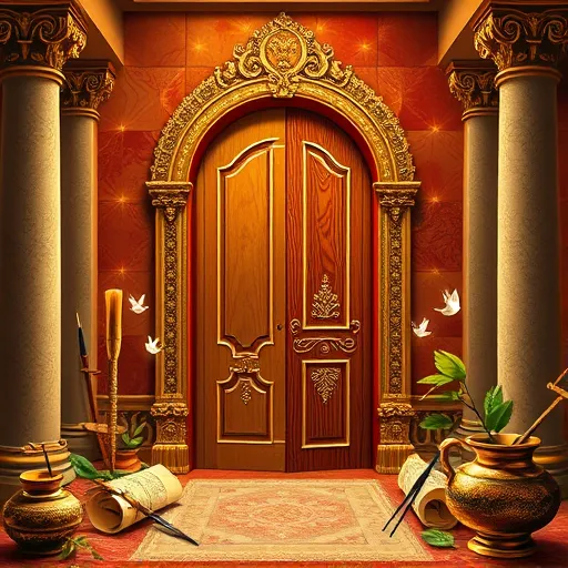 A detailed Byzantine-style digital illustration depicting a mystical workshop interior focused on transforming a plain door into a stunning wood grain masterpiece. The central scene features an ornate, semi-open door with intricate gold leaf accents, decorative Byzantine mosaic-inspired motifs, and a visible progression from plain to textured wood grain. Surrounding the door are Byzantine-style tools, including elaborately decorated brushes with tiny gemstones, scrolls of parchment with ornate instructions, and shimmering ink pots, all imbued with a sacred artistic reverence. The warm, luminous background blends golden hues, rich amber, and deep crimson tones, evoking timeless craftsmanship and divine inspiration. Twinkling halos of light encircle tools and door motifs, creating a spiritual glow that suggests the enchanting process of wood texture creation. Quirky details such as miniature Byzantine saints with paintbrush halos, floating leaves mimicking wood grain, and tiny dove motifs on tools add personality and whimsy. The scene is framed by ornate pillars decorated with intricate mosaic patterns, enhancing the Byzantine aesthetic. Overall, the illustration exudes reverence, wonder, and a harmonious blend of historical richness and playful curiosity, capturing the mystical artistry behind convincing wood grain painting on a door.