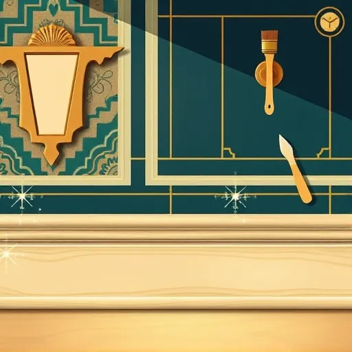 An art deco-inspired scene illustrating wood trim preparation for painting. A sleek, polished wooden trim runs horizontally across the lower third, showing smooth sanding marks, filled nail holes, and a glossy primer coat highlighted by warm lighting. Surrounding the trim are geometric patterns and stylized tools—including a vintage putty knife, fine sandpaper, and a sleek-handled paintbrush—arranged symmetrically. The background features a luxurious interior with decorative architectural elements like patterned wallpaper and a polished brass wall sconce, adding depth. Subtle playful accents include a tiny art deco clock with exaggerated hands and abstract sparkles highlighting the sanded surface. The color palette includes rich golds, deep navy blues, emerald greens, ivory, and bronze, conveying elegance and craftsmanship. The bold lines, symmetrical design, and decorative details emphasize a vintage, glamorous aesthetic, combining technical craftsmanship with stylish sophistication.