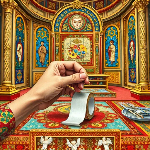 A richly detailed Byzantine-style illustration showcasing the proper use of painter’s tape. The scene features a gilded altar-like workspace decorated with intricate mosaics, geometric motifs, and floral patterns. In the foreground, a meticulously painted hand unrolls painter’s tape onto a colorful, pristine surface, symbolizing precision and careful planning. Ornate gold inlays, shimmering accents, and elaborate borders frame the scene, accented with iridescent blues, warm golds, and deep reds to create a regal, artistic mood. Subtle whimsical details include a miniature Byzantine mosaic of painter’s tools and tiny angelic cherubs with tape ribbon wings, adding playful charm. The background depicts a grand art studio with stained-glass windows casting multicolored light, emphasizing reverence for craftsmanship. This image merges traditional Byzantine iconography with modern instructional elements, highlighting mastery of painter’s tape through elegant, symbolic objects and intricate decorative design.