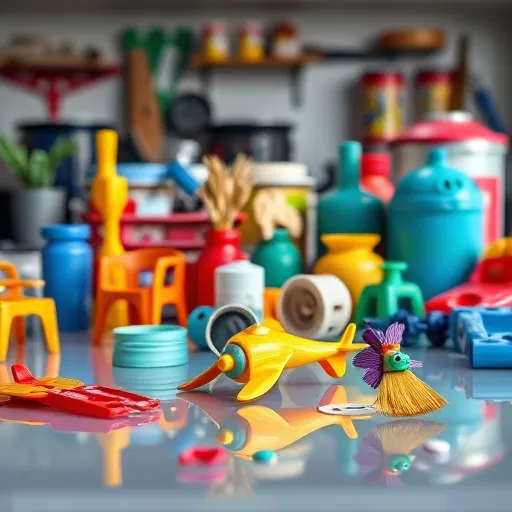 A detailed blog cover image illustrating the best paint for plastic surfaces, featuring a close-up of various plastic objects—including modern garden furniture, colorful plastic toys, and automotive parts—artistically arranged on a reflective, translucent surface. These items showcase painted finishes with diverse textures such as glossy, smooth, matte, and textured, highlighting the versatility of suitable plastic paints. Surrounding the objects are paint droplets and swirling brushstrokes that add energy and creativity, suggesting the process of plastic painting. In the softly blurred background, workspace elements like paint cans, brushes, and spray tools are faintly visible, emphasizing a professional yet approachable environment. Playful details, such as a tiny plastic airplane with cartoon eyes and a mischievous paintbrush, add personality and whimsy. The color palette features vibrant reds, blues, and yellows balanced with muted grays and whites, creating a lively yet sophisticated aesthetic. The composition emphasizes realistic textures, lighting, and tactile qualities of painted plastics, combining technical clarity with artistic flair to inspire confidence in choosing the best paint for plastic surfaces.