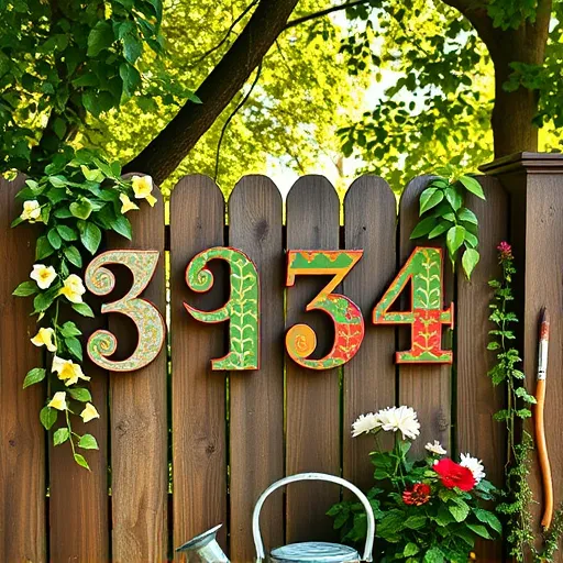 A whimsical scene in the village of Manakin Sabot, VA, showcasing handcrafted painted house numbers displayed on a sturdy wooden fence. Each number features intricate patterns inspired by the Arts and Crafts Movement, highlighting craftsmanship and natural beauty. Surrounding the display are lush green foliage, climbing ivy, and blooming native Virginia wildflowers, emphasizing durability and timelessness. A vintage tin watering can and a rustic paintbrush rest nearby, adding playful, artisanal details. Warm sunlight filters through a leafy canopy, casting soft shadows and creating a serene, inviting atmosphere. The color palette includes earthy tones such as muted greens, warm browns, soft ochres, and deep reds, with subtle accents of vibrant color, reflecting traditional handcrafted techniques. The textured brushstrokes and decorative motifs evoke a cozy, nostalgic charm that blends practicality with aesthetic elegance, celebrating durability and rural artistry.