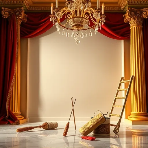 A luxurious Baroque-style painting depicting a grand interior with ornate gilded moldings and elaborately carved pillars framing a pristine, freshly painted drywall wall that gleams softly under warm, golden light. Artistic tools such as a decorated paintbrush with swirling handles, a vintage floral-patterned paint roller, and an ornate paint tray rest on a marble-like surface, emphasizing craftsmanship and elegance. Deep jewel-toned velvet drapes cascade from the top corners, subtly framing the scene, while elaborate scrollwork and floral embellishments swirl outward, adding movement and grandeur. An elaborate chandelier with cascading crystal droplets casts shimmering light, illuminating decorative details and textured brush strokes. Quirky touches include a tiny gilded ladder adorned with cherub carvings and a meticulously decorated paint can with Baroque motifs. The scene blends the mundane act of drywall painting with artistic richness, using a palette of rich golds, deep reds, emerald greens, and warm browns to evoke classical elegance, sophistication, and playful grandeur. Overall, the image transforms a simple home improvement task into a regal masterpiece filled with creative flair and ornate details in a lush Baroque style.