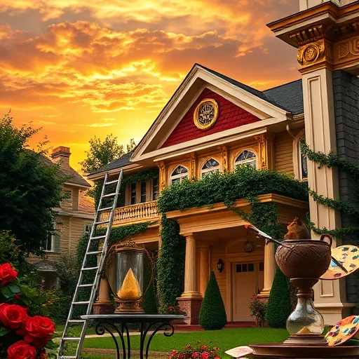 A richly detailed Baroque-inspired scene showcasing the art of painting vinyl siding without peeling. The image features an ornate, classical facade of a charming suburban house adorned with gilded moldings and intricate ornamentation. Contrasting with the elaborate architecture, the house has sleek, freshly painted vinyl siding in vibrant, flawless hues. Surrounding the house is a lush, Renaissance-style garden filled with blooming roses, cascading ivy, and stylized topiary, emphasizing harmony and craftsmanship. In the foreground, an elegant vintage painter’s ladder leans against the wall, alongside a wrought-iron table holding a painter’s palette and brushes. Warm, golden light bathes the scene, highlighting textures and meticulous craftsmanship. Subtle whimsical details include a gilded compass and hourglass, symbolizing precision and patience, while a small squirrel with a miniature paintbrush peeks from a decorative urn, adding quirky charm. The background features an ornate Baroque-style framing canopy with elaborate scrollwork and floral motifs, blending into softly billowing clouds that evoke serenity. The sky above glows with a dramatic, swirling sunset, casting deep shadows and creating a majestic, moody atmosphere. Overall, the scene exudes sophistication and elegance, inspiring confidence in home improvement, with a color palette of rich golds, deep emerald greens, and warm terracotta reds, emphasizing a luxurious, historical aesthetic.