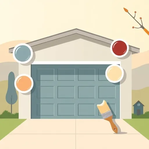 A minimalist, stylized garage door with clean lines positioned against a subtle suburban background featuring gentle hills and abstract trees, representing Chester, VA. Floating around the door are smooth, circular paint swatches showcasing various shades and finishes from matte to glossy, each marked with tiny icons indicating durability, weather resistance, and glossiness. A friendly, animated paintbrush with a cheerful face playfully tiptoes across the scene, adding personality to the composition. The scene is illuminated by warm, natural sunlight, highlighting the textures and colors. The color palette includes muted earth tones, soft blues, and gentle greens, reflecting Chester’s Southern charm. The art style employs simple, refined details with crisp lines and flat colors, evoking elegance through minimalism while maintaining an inviting and trustworthy atmosphere. Subtle background elements suggest Chester’s community vibe with abstract silhouettes of homes or a distant barn, creating depth and context.