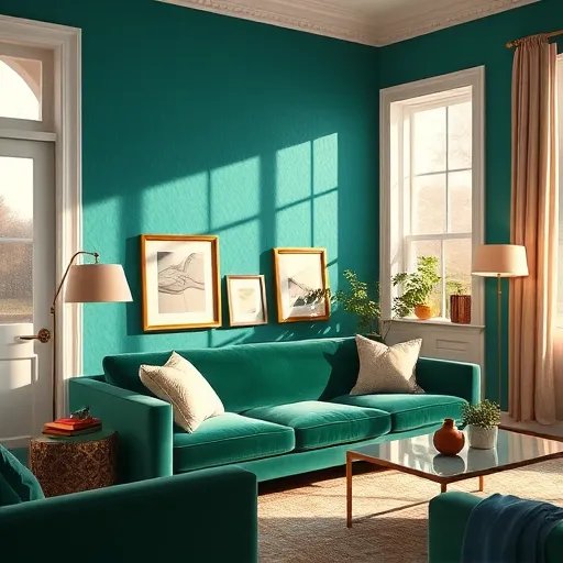A hyperrealistic image of a cozy, sophisticated living room in Meadowbrook, VA, showcasing creative accent wall ideas. The textured wall is painted in a vibrant deep teal, accented with white moldings and partially revealing an intricate, subtle wallpaper pattern behind a stylish emerald green velvet sofa. Large windows with light linen curtains allow warm natural sunlight to fill the space, casting gentle shadows that highlight textures. Reflections on glossy coffee tables and metallic accents add depth, complemented by decorative items like vintage vases, lush indoor plants, and quirky art frames leaning against the wall, emphasizing personality in color choices. A sleek, modern floor lamp with a whimsically shaped lampshade provides calming warm lighting. In the background, a cozy nook features a small bookshelf with colorful titles and a tilted houseplant, adding a quirky touch. The color palette includes earthy greens, soothing blues, crisp whites, and warm golden tones, creating an inviting and inspiring atmosphere. The hyperrealistic style captures every detail vividly, from textured wall paint to soft fabric textures and tiny decorative objects, finished with a playful, humorous element—a small garden gnome peeking from behind a potted plant—adding personality to the sophisticated space.