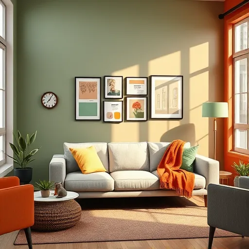 Hyperrealistic interior scene of a stylish Highland Springs, VA living room highlighting accent wall colors. Two accent walls—one in calming sage green and the other in warm terracotta—surround a modern neutral-toned plush sofa. Natural light filters through large windows, emphasizing textures like soft upholstery, glossy paint finishes, and detailed wood grains on furniture. Decorative elements include a vintage clock, potted plants, and a colorful throw blanket, adding personality and playful contrast. Background features a neatly styled gallery wall with sample paint swatches, color palettes, and lively artwork, illustrating the process of choosing perfect hues. A whimsical squirrel peeks from a corner shelf, injecting character into the elegant setting. The scene exudes warmth, inviting curiosity and confidence with a harmonious blend of sophistication and playful charm. The color palette consists of rich earth tones, vibrant greens, and warm oranges, enhanced by natural lighting that highlights textures and depth. The hyperrealism style captures every detail, from painted wall sheen to upholstery fibers, serving as an inviting visual guide for accent wall ideas in Highland Springs, VA.