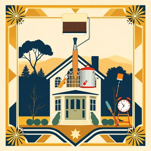 An elegant Art Deco-inspired scene illustrating tips for hiring a painting company in Midlothian, VA. The image features a vintage-style paintbrush and roller crossed like a badge against a geometric background with bold, symmetrical patterns in rich golds, deep navy blues, and soft creams, evoking professionalism and sophistication. A stylized, ornate house facade with clean lines is topped with an abstract representation of Midlothian’s landscape, including trees and rolling hills, all rendered with precise geometric detailing. Surrounding the central motifs are stylized icons of paint cans, tools, and checklists, arranged playfully yet tastefully. Small whimsical elements like a vintage chauffeur’s hat atop a paint can and a miniature clock with exaggerated hands add personality and suggest time-saving tips. The scene exudes confidence and trustworthiness with a bright, optimistic atmosphere created by harmonious gold highlights and cool tones. Inspired by classic Art Deco posters, the composition features bold lines, symmetrical elements, stylized sunbursts, and chevrons, creating a luxurious and inviting visual that combines elegance with charm to attract viewers and enhance SEO.