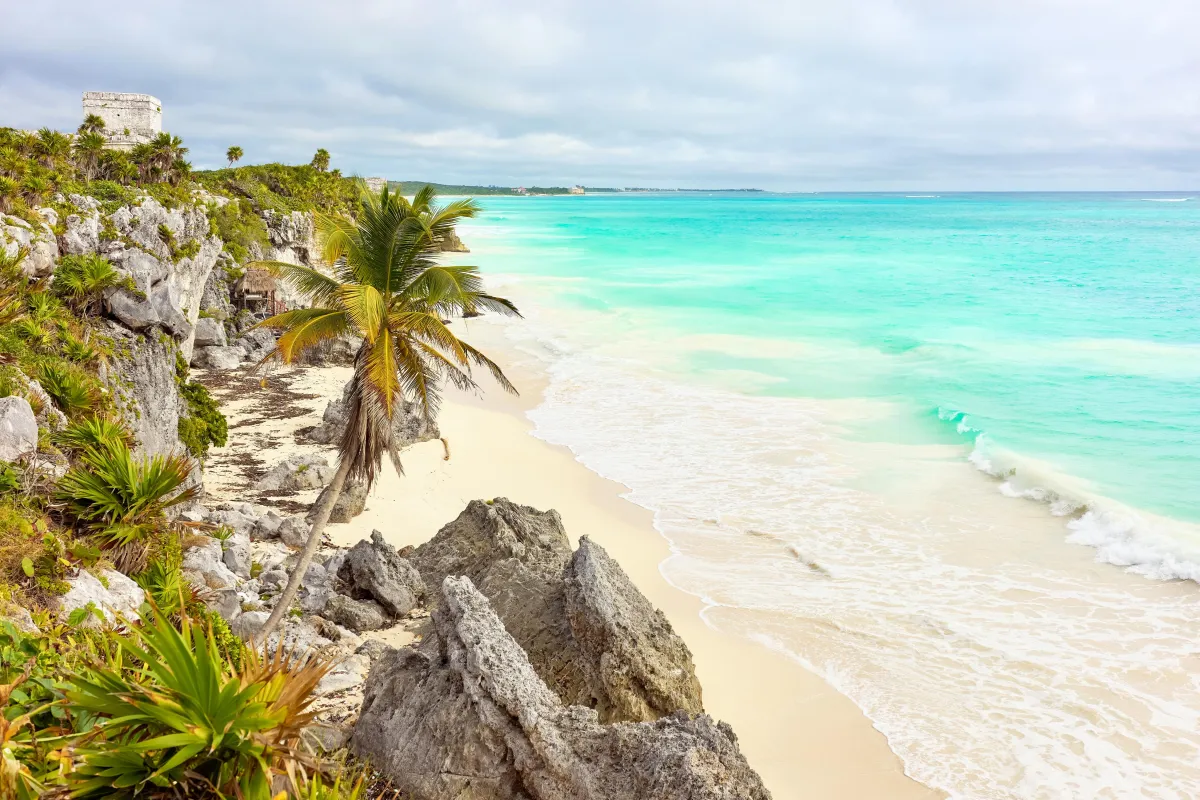 Scenic view of Tulum ruins by the Caribbean Sea