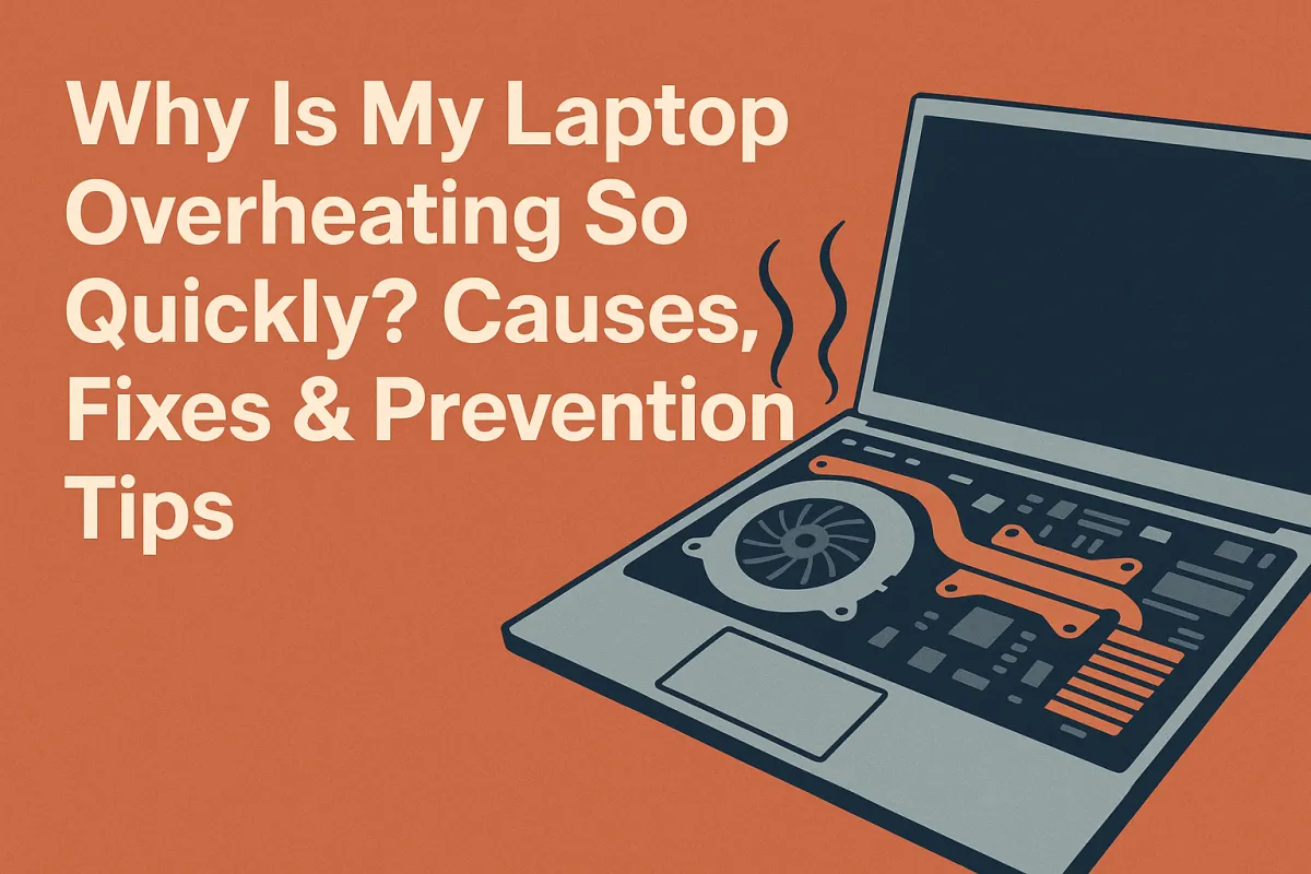 A 2D digital illustration of an open laptop with visible internal cooling fan and heat sink, emitting heat waves, representing laptop overheating causes and fixes.