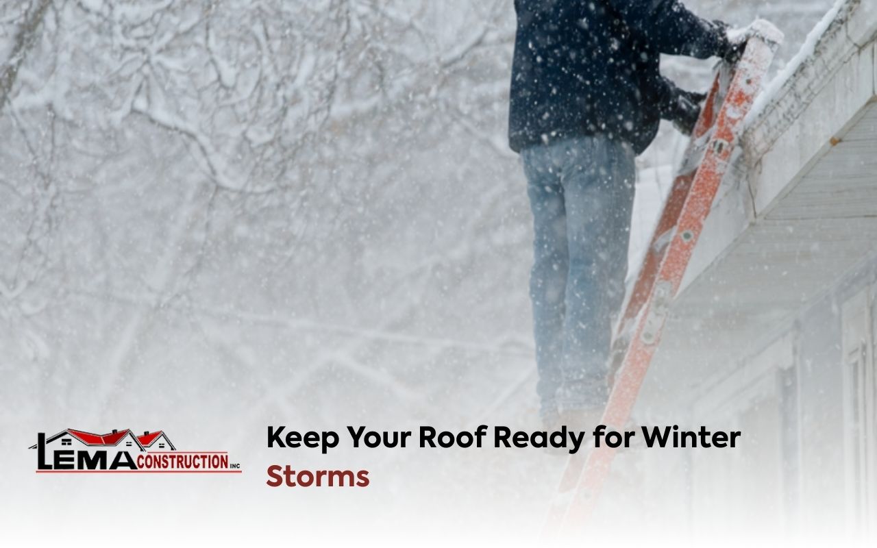Homeowner using a ladder for Protecting Roof from Winter Storms with a pre-winter roof checklist