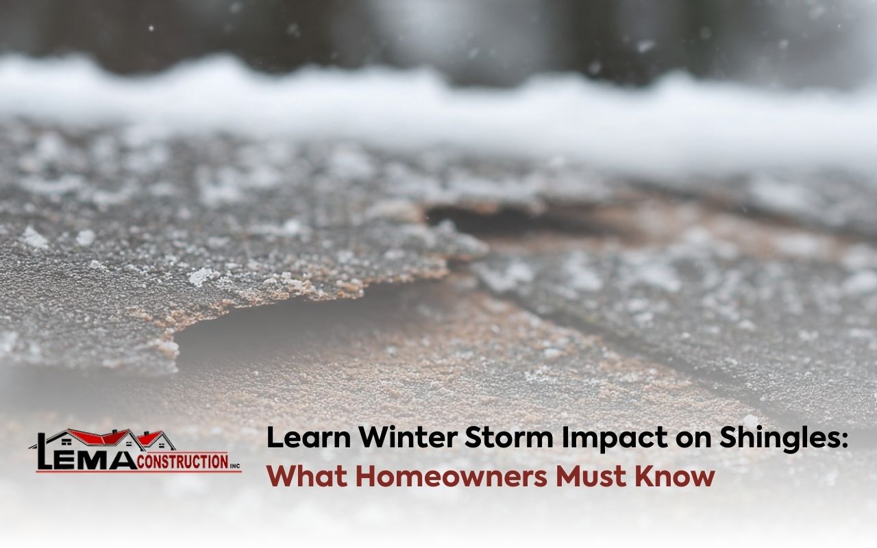 Winter Storm Impact on Shingles shown by lifted edges and granule loss after a storm in Randolph, MA.