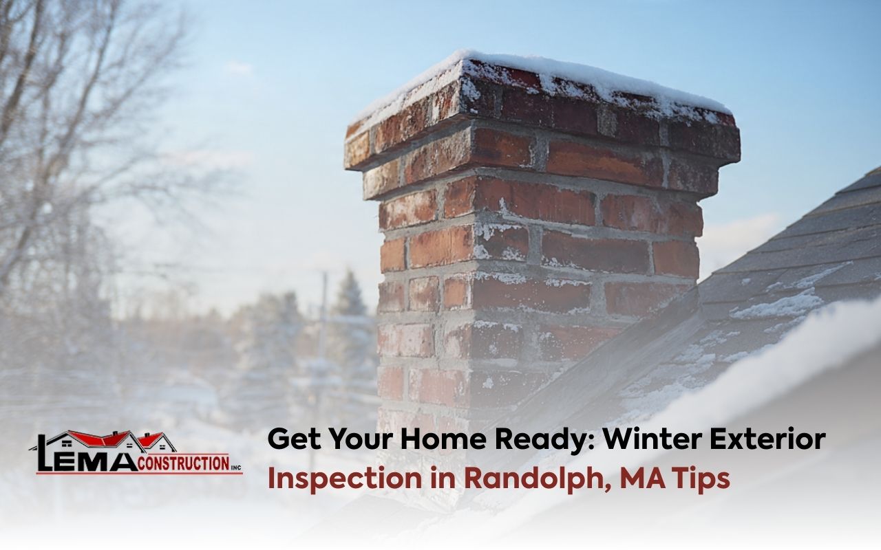 Winter Exterior Inspection in Randolph, MA showing roof flashing check near chimney