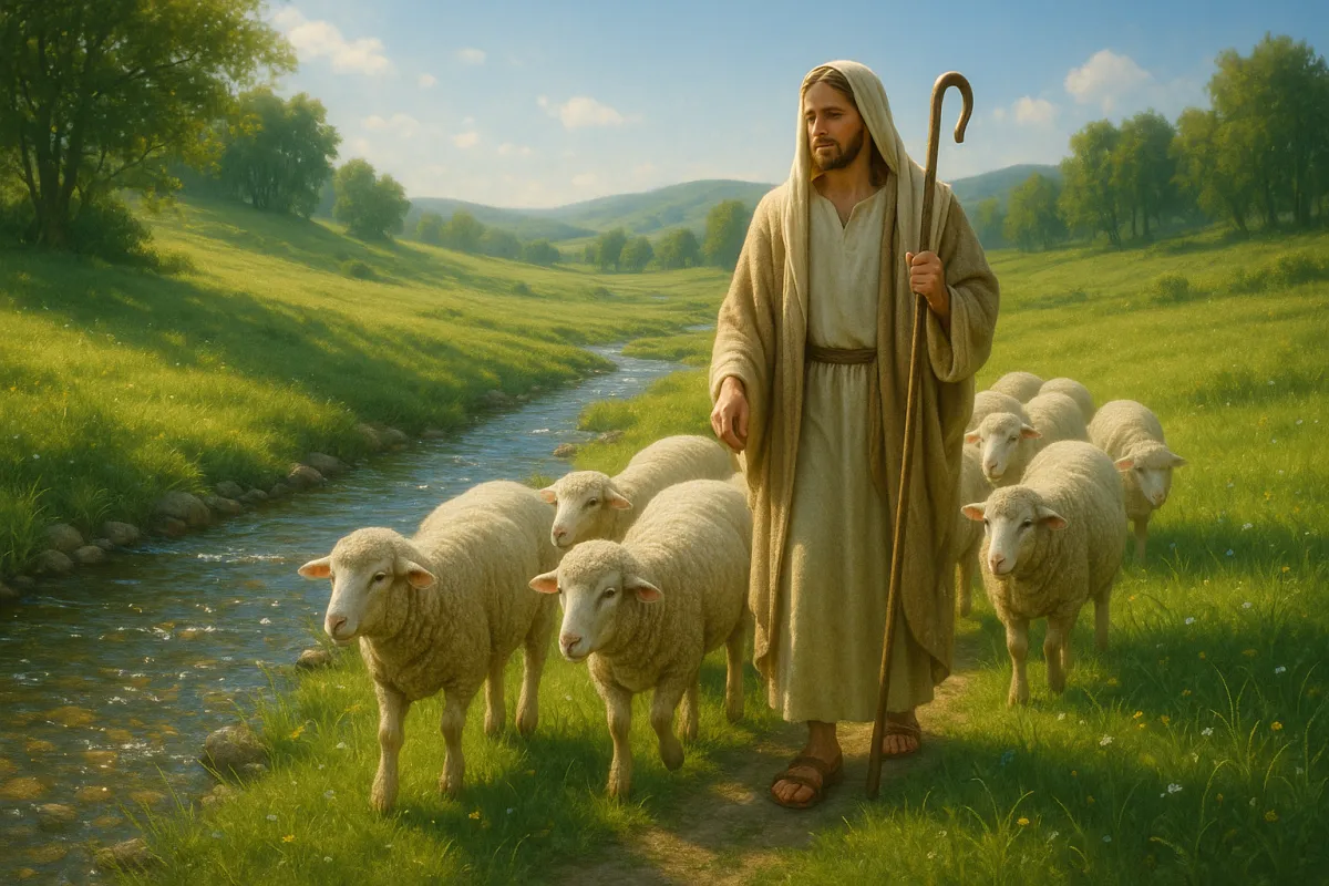 Peaceful green pasture with a shepherd guiding sheep beside still waters, symbolizing Psalm 23, spiritual renewal, and walking in the Spirit with God's direction.