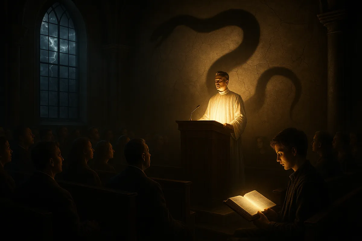A dramatic, photorealistic scene inside a dimly lit church. At the front, a preacher stands at a pulpit, dressed in polished white robes and glowing faintly with golden light, appearing impressive and convincing. But on the wall behind him, his shadow is distorted — a long, sinister serpent shape stretches across the cracked wall, revealing the deception. The congregation sits in rows, most faces captivated by the preacher, their expressions mesmerized. But one person in the crowd stands out: holding an open Bible in their lap that radiates a soft, steady white light. That light cuts through the false glow of the preacher, contrasting truth with counterfeit. The atmosphere is tense and cinematic, with dark storm clouds faintly visible through stained-glass windows, lightning flickering outside. Ultra-detailed textures in fabric, stone, and light beams. Render in 8K photorealism, dramatic cinematic lighting, high contrast, no halos, no fantasy cartoon look, no text — a storytelling image of false teaching exposed by Scripture.