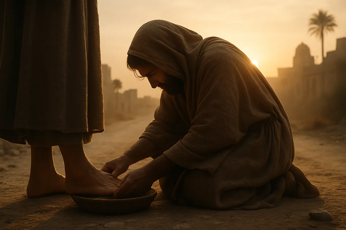 a robed figure kneels on the ground, head bowed, gently washing another person’s feet.