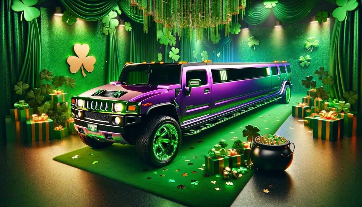 LimoVenture's Purple Stretch Hummer ready for St. Patrick's Day In Orlando, Florida.